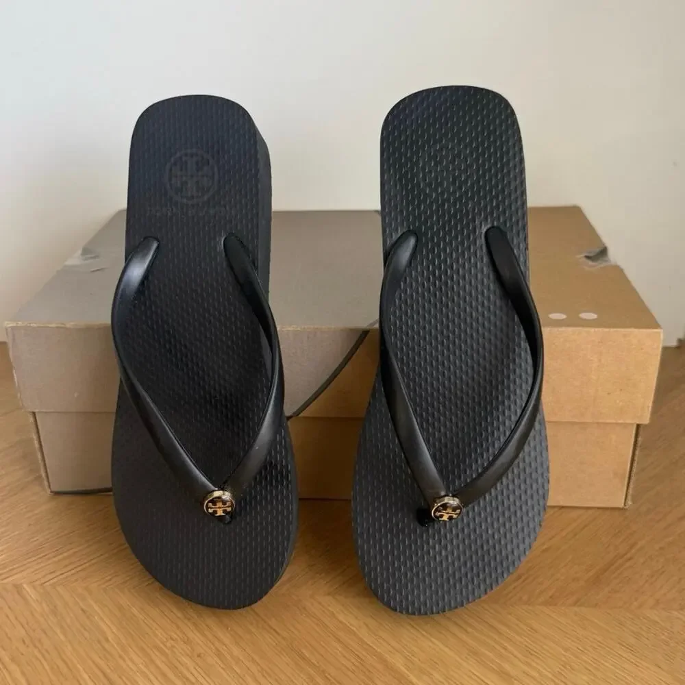 Tory Burch Black/Gold Women Slip On Wedge Sandals- SZ 7